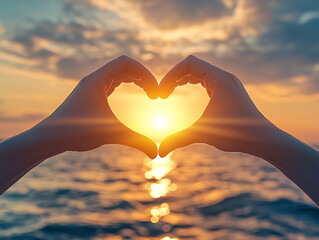  Hands form a heart shape, silhouetted against a vibrant sunset over a body of water. The sun shines brightly through the center of the heart. Warm colors dominate the scene, creating a peaceful mood.