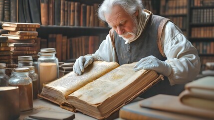 Ancient Book Restoration in a Sunlit Library – Meticulous Conservation of Historical Manuscripts. Generative AI.