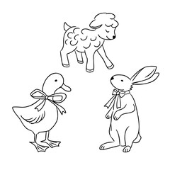 Cute black and white illustration of Easter animals, including a lamb, a rabbit, and a duck, each wearing a decorative bow, perfect for holiday designs, coloring pages. Vector drawing