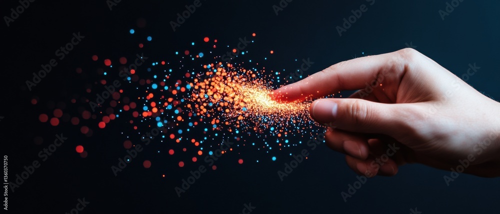 Poster Digital Transformation Unleashed Interactive Fintech Innovation with Particle Data Flow - Cutting-Edge Visual Metaphor for Technological Disruption and Immersive Business Intelligence