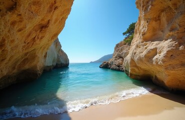 Fototapeta premium Beautiful small coves on Calahonda beach, Nerja, Andalucia, Spain. Turquoise mediterranean sea, sand shore, rock formations, sunny day at vacation. Peaceful landscape for holidaymakers, summer travel.