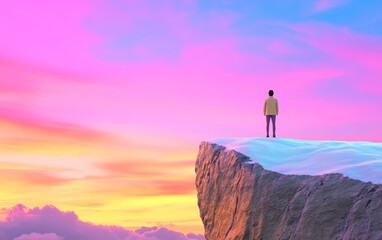 Fototapeta premium Person Standing on Edge of Rock Against Colorful Sky