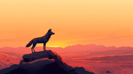 A Coyote in the Desert at Sunset A coyote stands on a rocky outcrop, gazing across the barren desert landscape at sunset.
