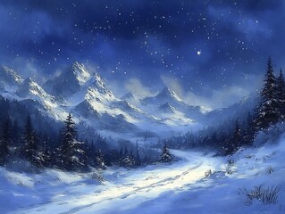 Fototapeta premium Snowy Mountain Path at Night.