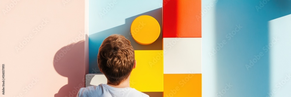 Aufkleber Mindful Play and Developmental Learning Millennial Father Engaging Gen Z Child in Intuitive Color Block Educational Experience - Nurturing Cognitive Growth Through Interactive Design