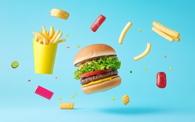 Colorful Fast Food Composition with Burgers and Fries