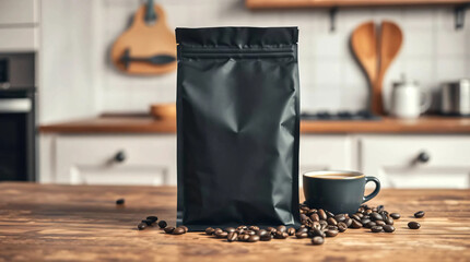 Black coffee bag mockup on kitchen counter with beans and espresso.