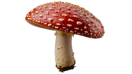 A classic mushroom on a transparent background with large white spots, a mushroom that grows in the forest, forest ecosystem, red mushroom.