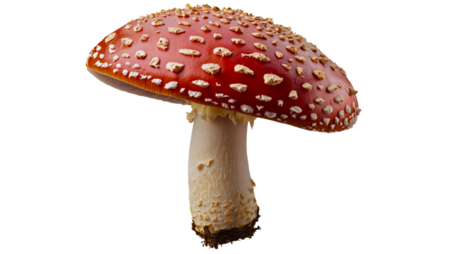 A classic mushroom on a transparent background with large white spots, a mushroom that grows in the forest, forest ecosystem, red mushroom.
