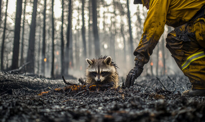 Raccoon sits on scorched ground in burned forest. Firefighter in yellow uniform reaches out. Charred trees and smoke fill the background.