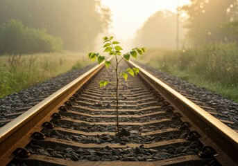 Fototapeta premium Resilient Plant Growing Between Train Tracks Symbolizing Determination and Overcoming Obstacles