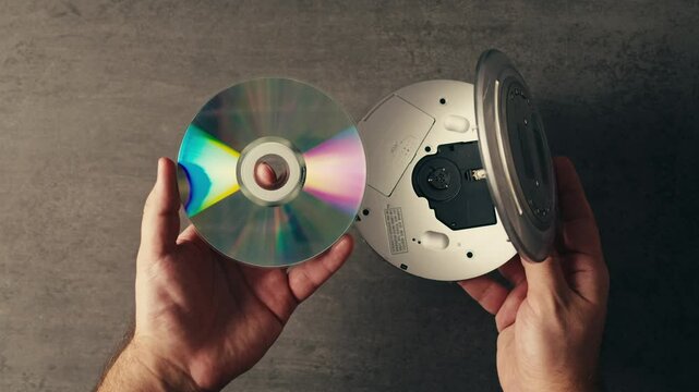 Vintage cd music player close-up. Using portable music player for listening with compact disc