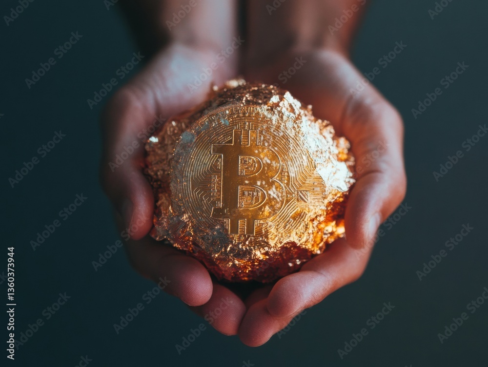 Aufkleber crypto gold rush immersive digital finance texture with metallic bitcoin sculpture - fintech innovat