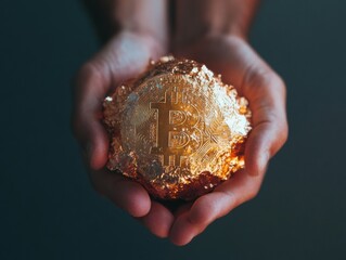 Crypto Gold Rush Immersive Digital Finance Texture with Metallic Bitcoin Sculpture - Fintech Innovation and Web3 Entrepreneurial Breakthrough