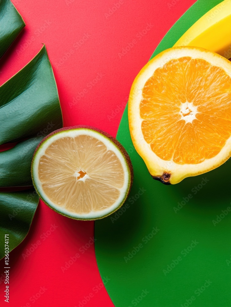 Poster vibrant citrus pop art minimalist tropical lemon and orange cross-section on bold color-block backgr