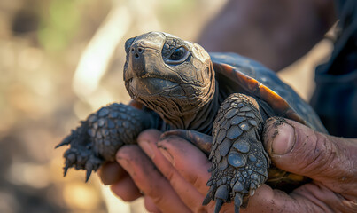 Close-up of land turtle with scorched shell being gently held by rescue worker. Background is blurred with earthy tones and firelight glow.