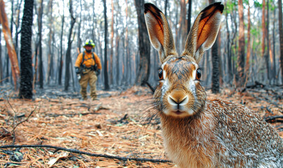Wild hare looks directly into camera. Soot-covered fur is detailed. Firefighter stands behind in burned forest. Ground covered in dry pine needles.