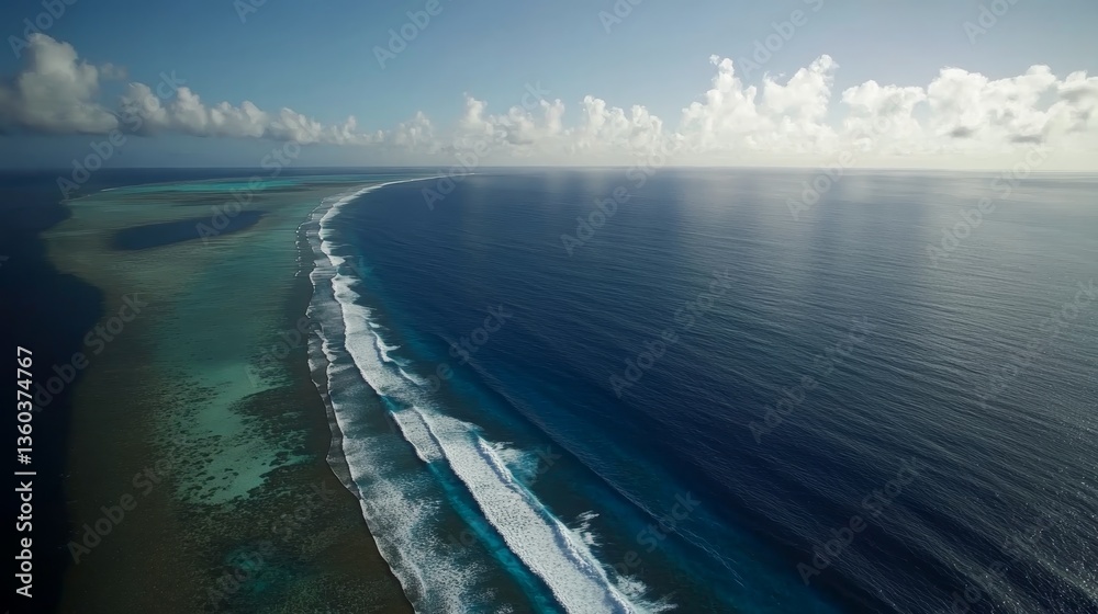 Poster waves swirl and crash with foamy crests against a coral reef in vibrant blue water, with sparkling s