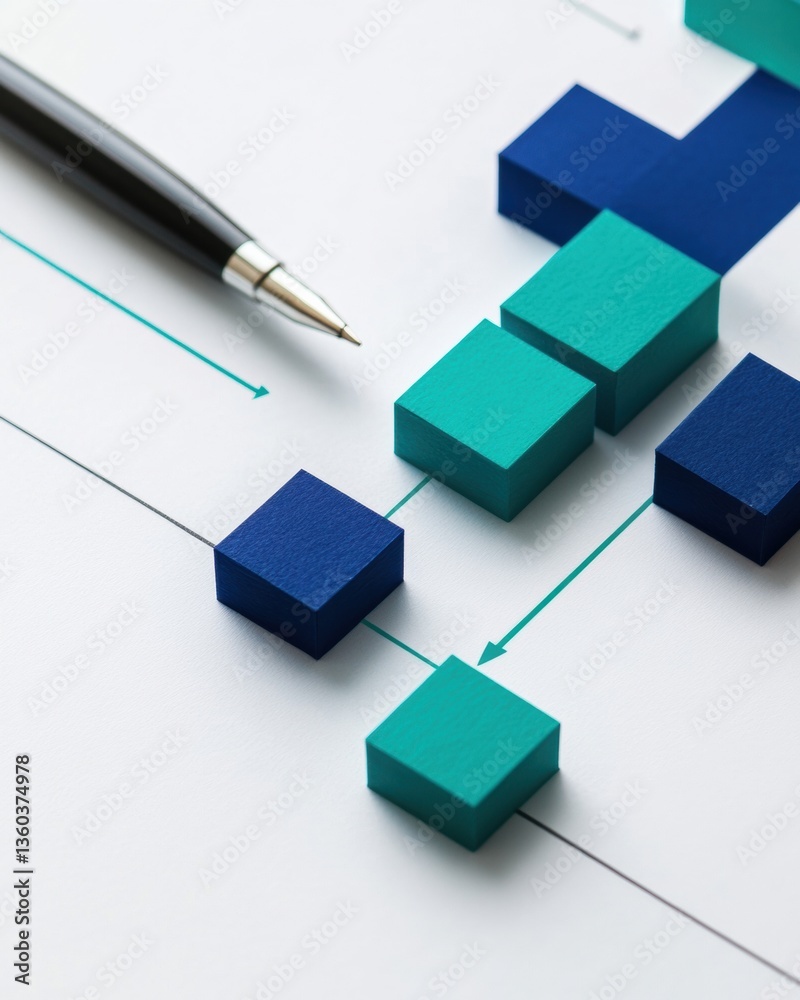 Poster Minimalist Strategic Planning Flowchart Dynamic Blue-Green Digital Workflow Visualization for Agile Business Transformation and Process Optimization
