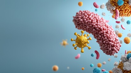 A microscopic 3D rende showcases various colorful bacteria and viruses floating against a serene light blue background ideal for medical or science publications and