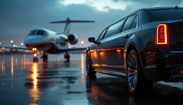 Black limousine parked airport tarmac next to private jet. Luxury travel, business trip, first class experience. Executive transport service, expensive automobile parked near aeroplane.