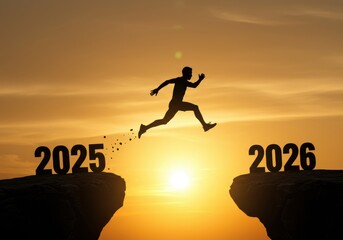 Person Jumping Between 2025 and 2026 Representing Transition, Progress, and the Path to Success