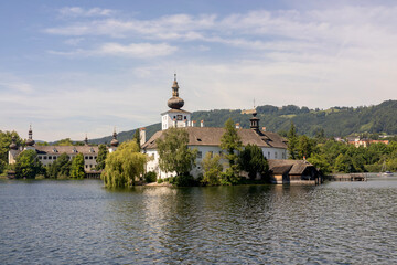 Fototapeta premium Summer holiday in Gmunden Austia, lake, mountains, yachts