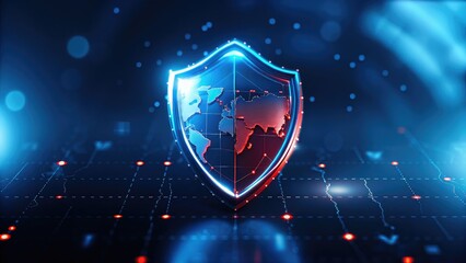 Cyber Warfare National Security Technology Digital shield with a world map, symbolizing cybersecurity and protection in a high-tech environment.