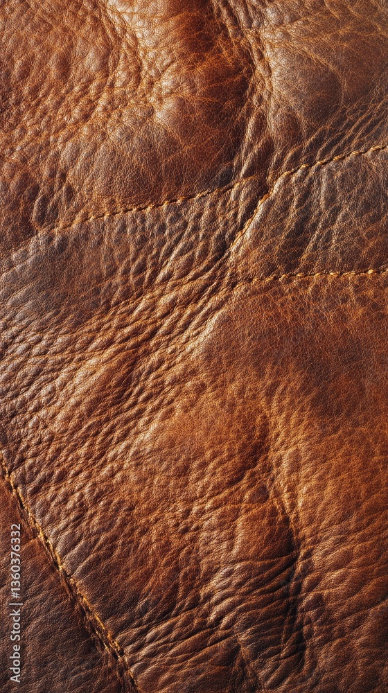 Poster a close-up view of aged leather showcasing its rich, warm tones and unique texture. the surface exhi