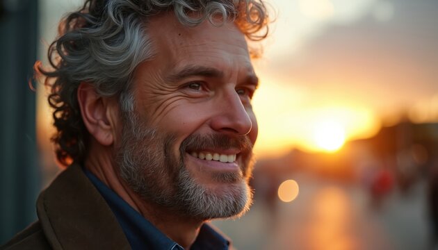 Smiling mature man with gray beard and hair at sunset. Happy face expression, good mood. Outdoor portrait, profile view. Bokeh background, sun rays. Positive vibes, cheerful person.