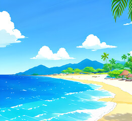Naklejka premium A serene watercolor illustration of a beach with palm trees, perfect for use in travel, leisure or relaxation-themed projects drawing imitation, generative ai