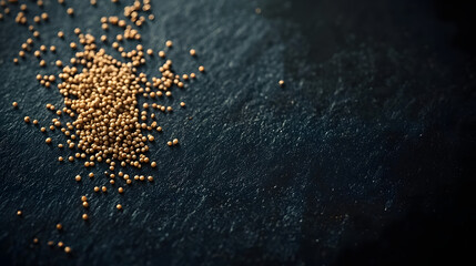 Amaranth seeds spread across a dark surface, their smooth cream texture and tiny size emphasizing their natural beauty.