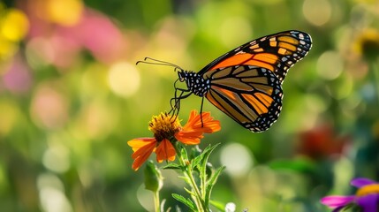 Obraz premium A Monarch Butterfly on a Flower A monarch butterfly rests delicately on a colorful flower, its wings spread wide as it absorbs nectar. 
