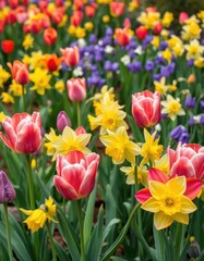 Obraz premium Vibrant spring blooms of tulips and daffodils in a garden, leaves, horticulture