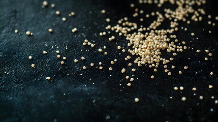 Amaranth seeds spread across a dark surface, their smooth cream texture and tiny size emphasizing their natural beauty.
