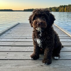 Portuguese water dog, curly fur puppy, dockside dog, cute puppy portrait, water dog on pier, lakeside pet photo, fluffy brown puppy, curly dog fur, dock with dog, adorable pet, fluffy dog close-up, se