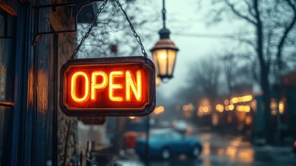 A bright-lit "OPEN" sign in the window of a newly launched shop and street, symbolizing fresh opportunities.