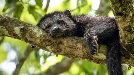 A Binturong Resting in a Tree A binturong lounges lazily in the branches of a tree, its large eyes half-closed in relaxation. The dense forest canopy provides a cool shade, 