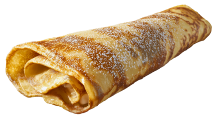 A classic pancake made from flour and eggs on a transparent background, a pancake sprinkled with white sugar, popular sweet food.