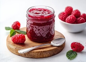 Raspberry jam in a jar on a wooden board with fresh raspberries