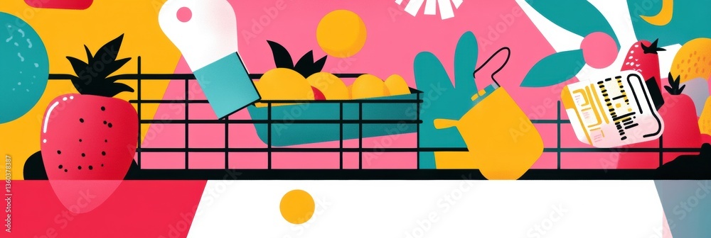 Poster grocery shopping in a modern abstract style with vibrant colors and geometric shapes during daytime 
