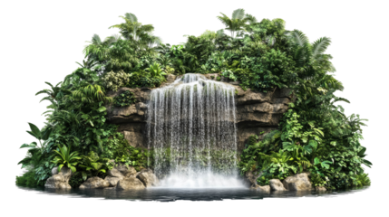 Tropical Waterfall Surrounded by Lush Jungle Vegetation Isolated on Transparent Background. Amazon Rainforest Waterfall PNG