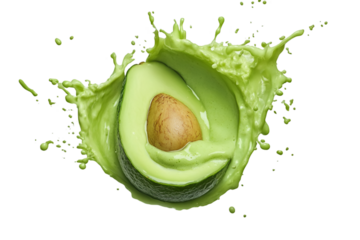 avocado cut in half with green paste splash isolated on transparent background PNG