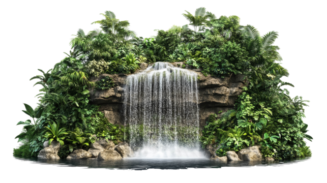 Tropical Waterfall Surrounded by Lush Jungle Vegetation Isolated on Transparent Background. Amazon Rainforest Waterfall PNG