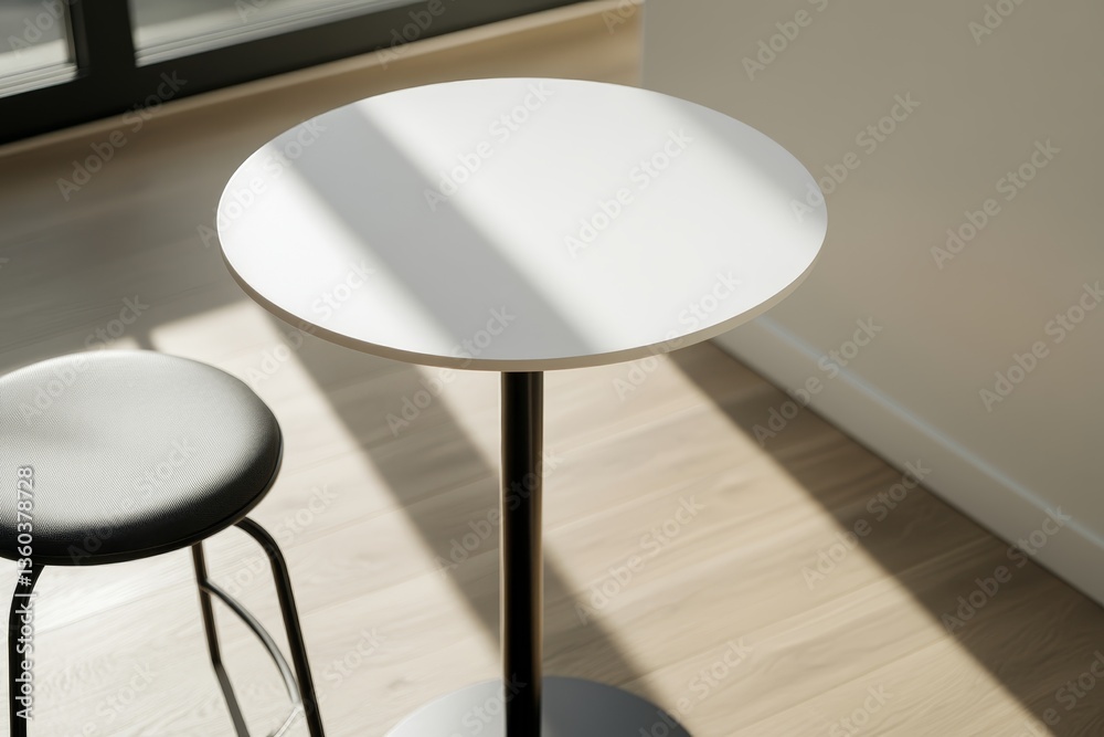 Aufkleber Clean white table with subtle shadows stands against a plain wall, paired with a modern chair, offering ample copy space emphasizing versatility in design