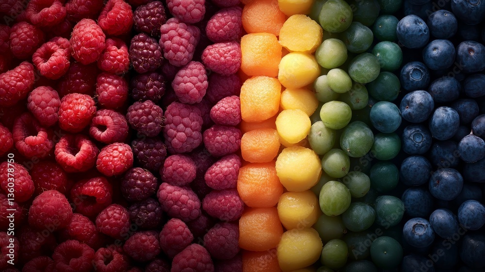 Aufkleber vibrant spread of fruits and vegetables arranged symmetrically on a wooden table, showcasing a rich 