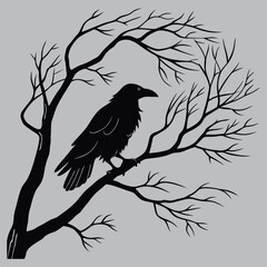 a raven perched on a bare tree branch silhouette vector design art and illustration