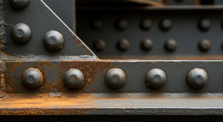 Close-up on riveted industrial steel structure, revealing weathering, rust, bolted joints, painted surface texture, engineering element for strength and architecture