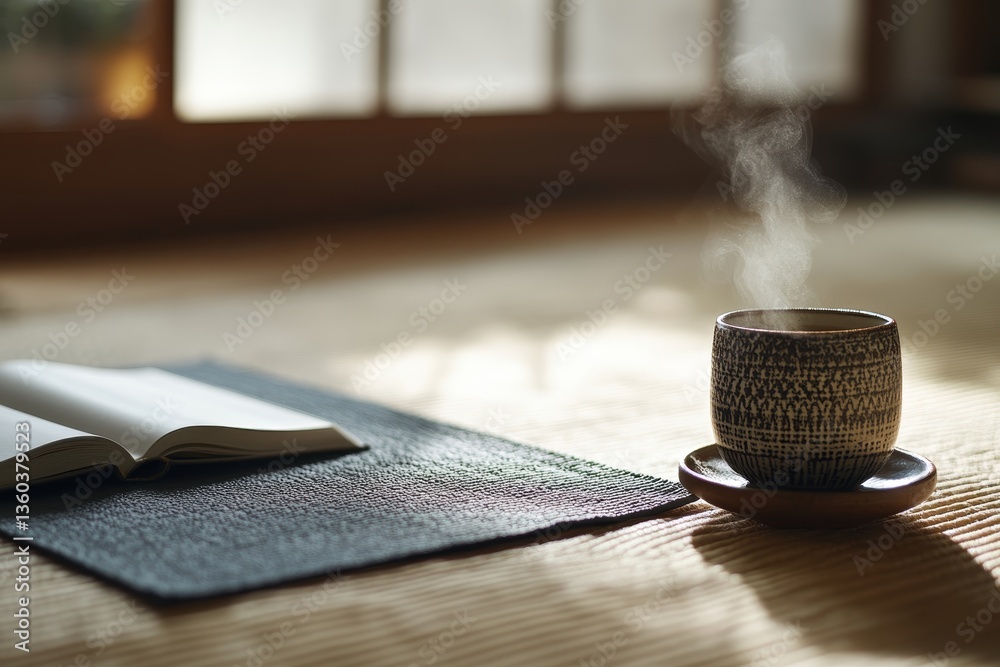 Aufkleber minimalistic yoga mat is rolled out in a cozy living room. a steaming cup of tea and an open mindful