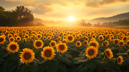 Obraz premium a vast field of sunflowers under a yellow sunrise sky with a faint mist vi